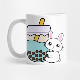 Cute Baby Rabbit Hugs Bubble Tea Kawaii Blue Boba Tea Mug